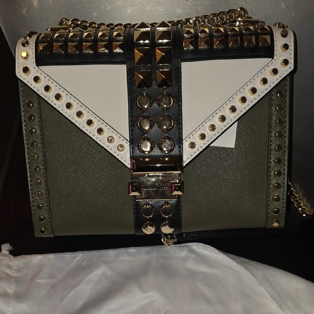 Michael Kors Olive Green and White Studded Crossbody Bag